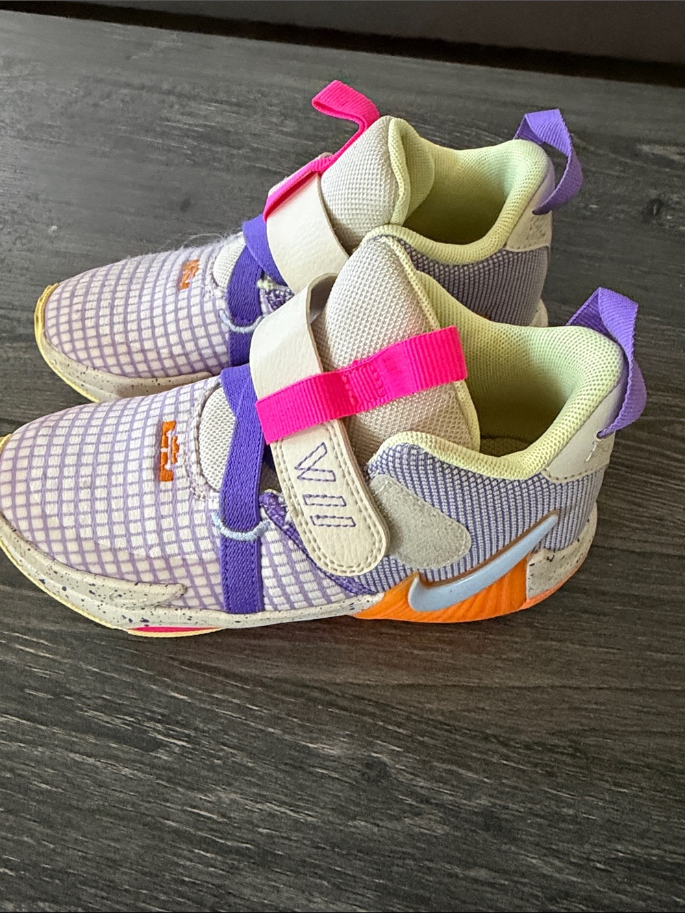 LeBrons Nike Kids Sneakers in Lavender with Neon Pink & Orange Accents